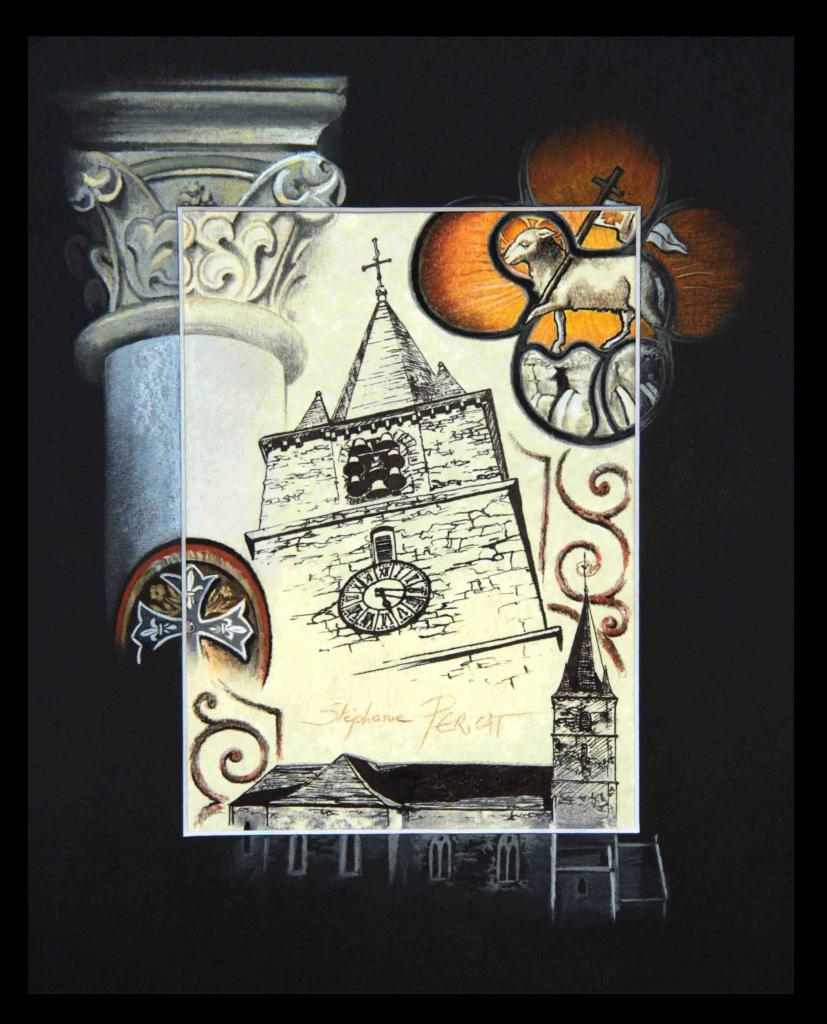 DOMJEAN, SON EGLISE (the church) - pastel sec et encre (soft pastel and ink) - 24x30cm